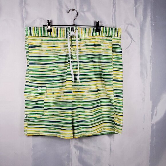 Izod Board Shorts Yellow Green Blue Stripe 3 Pockets Swim Trunks Mesh Men Sz M - Picture 1 of 10